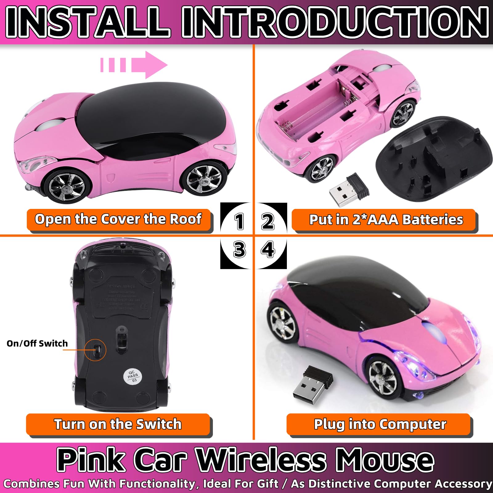 HuGuWdy pink wireless car mouse used with PC Mac tablet