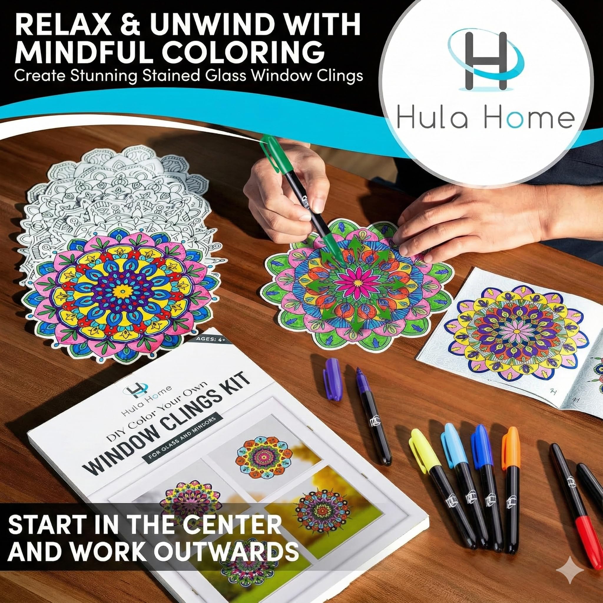 10 suncatchers window art kit with 8 color markers by Hula Home