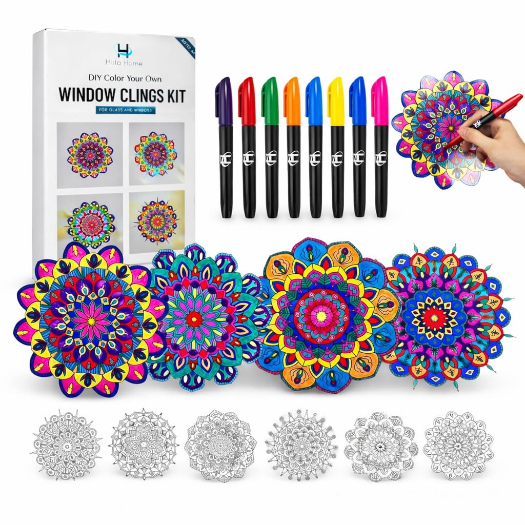 Hula Home stained glass mandala art kit with 10 window cling designs