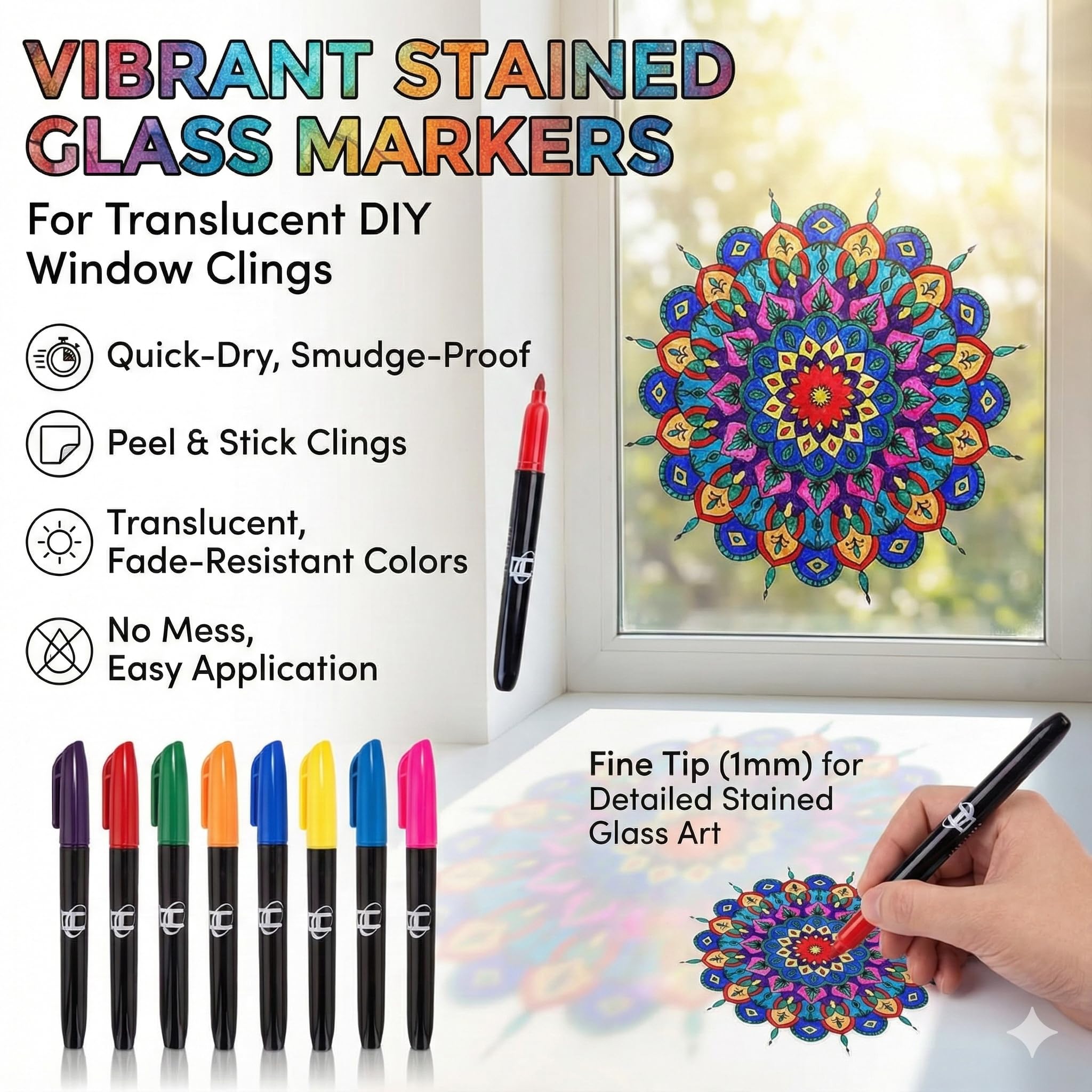 Stained glass style mandala artwork on sunlit windows