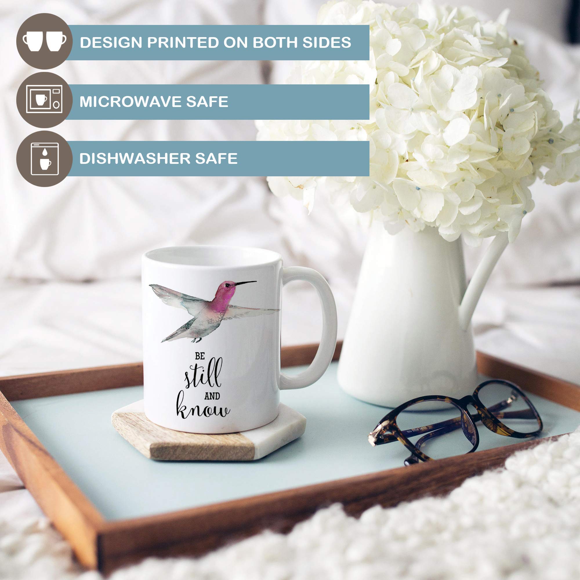 Hummingbird Be Still And Know ceramic mug 15oz with watercolor artwork printed on both sides
