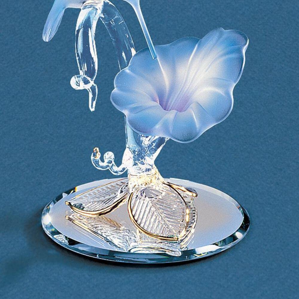 Blue lily hummingbird glass figurine on beveled mirror base