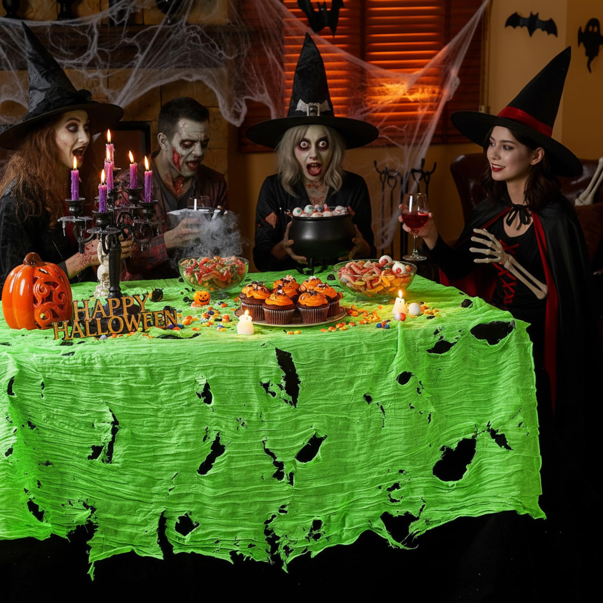 Indoor outdoor Halloween decor with green tablecloth