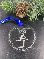 personalized hurdles ornament showing name year ribbon color