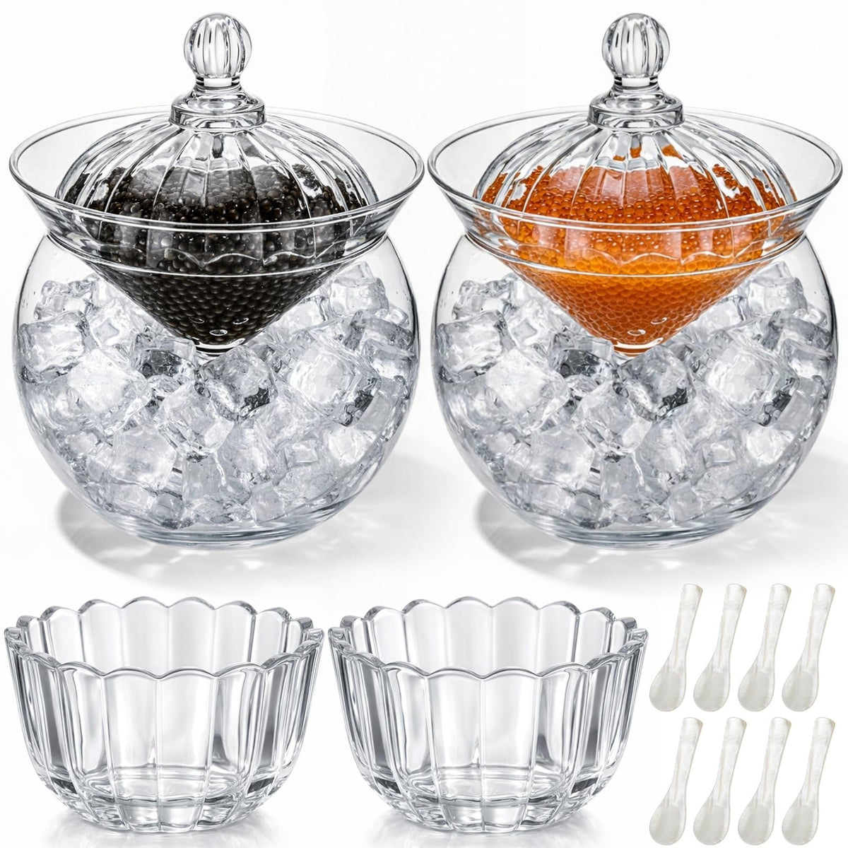 Hushee 2 Set caviar serving set glass chiller dish with 8 shell spoons