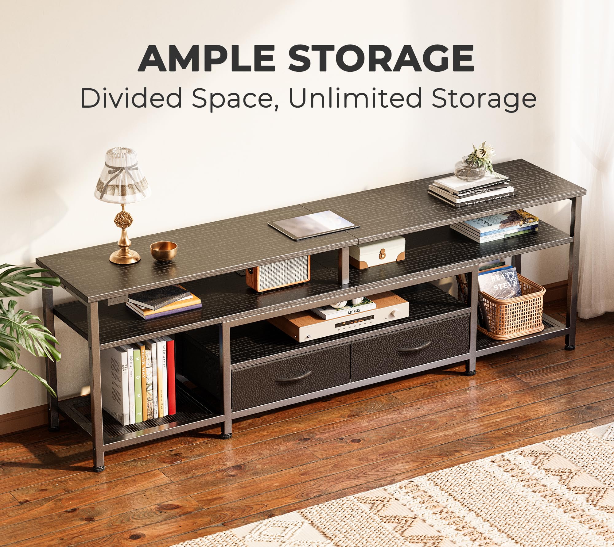 Black PU leather drawers and open shelves on Huuger TV stand
