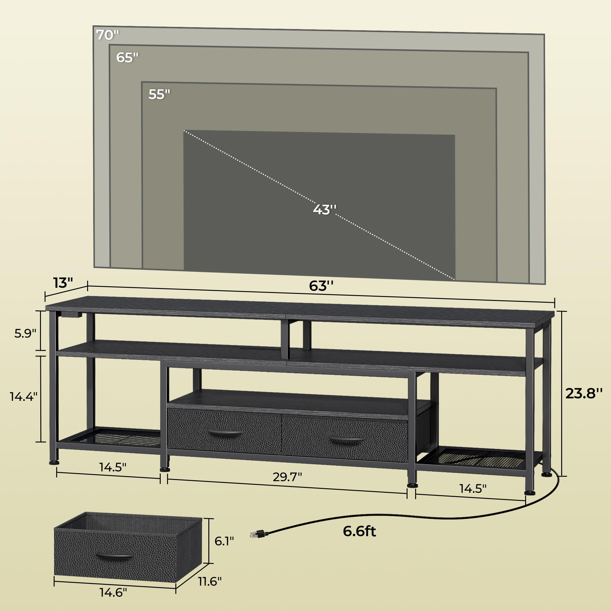Adjustable feet and rear bars for stability on Huuger TV stand