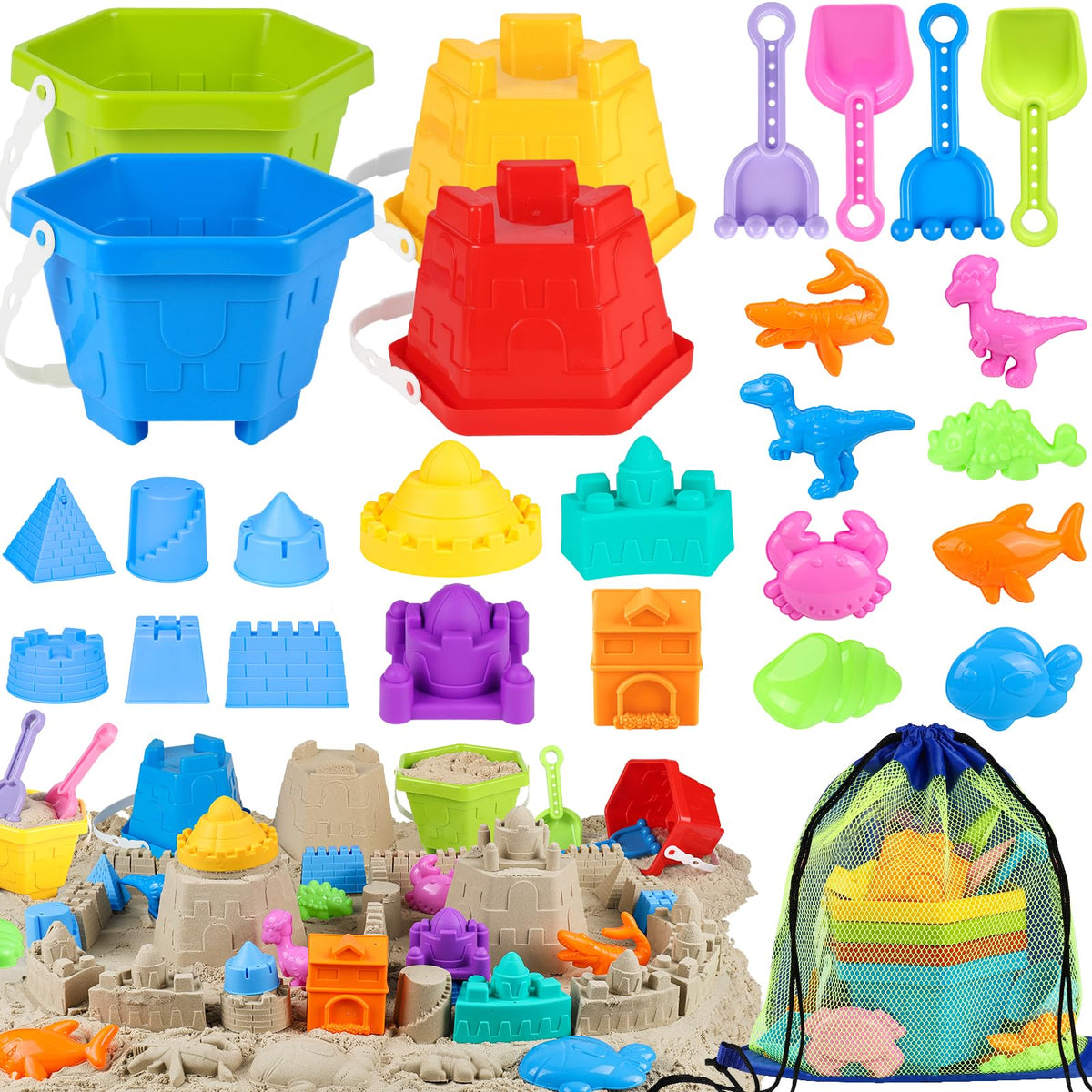 HUUIDY Beach Toys 4 buckets and sand castle kit