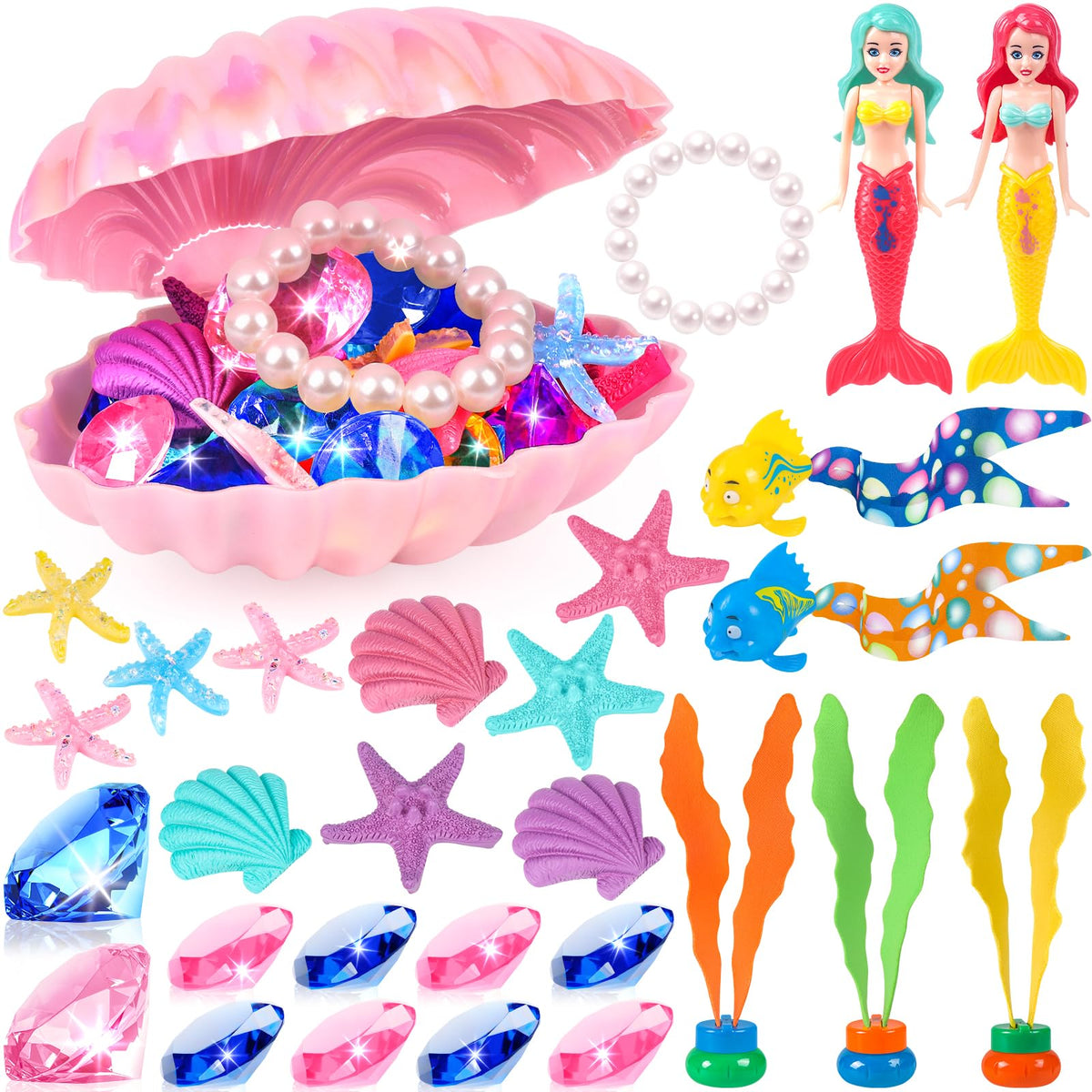 HUUIDY Mermaid Pool Toys set with mermaid figures and shell treasure chest
