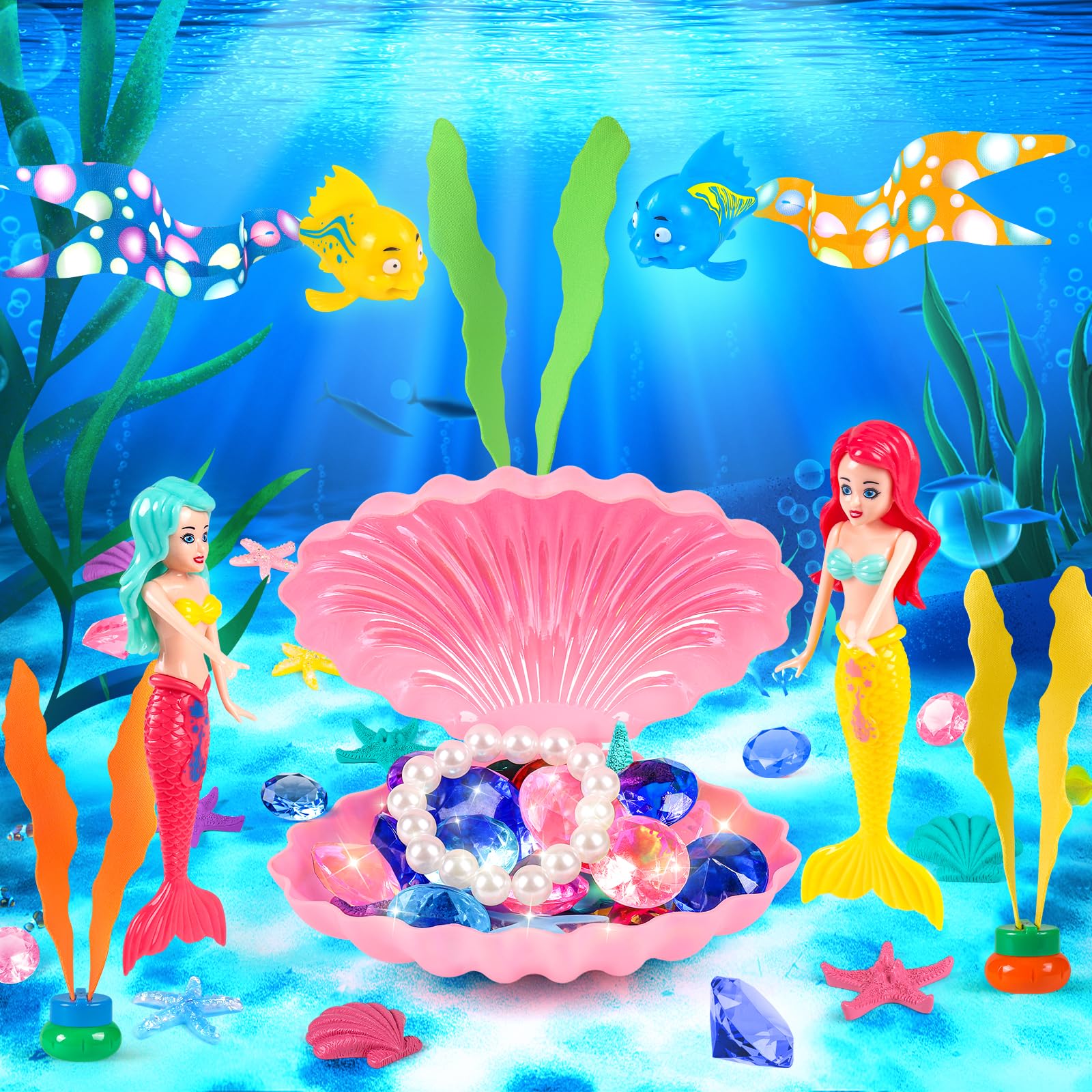Two mermaid toys and assorted sea life accessories in HUUIDY kit