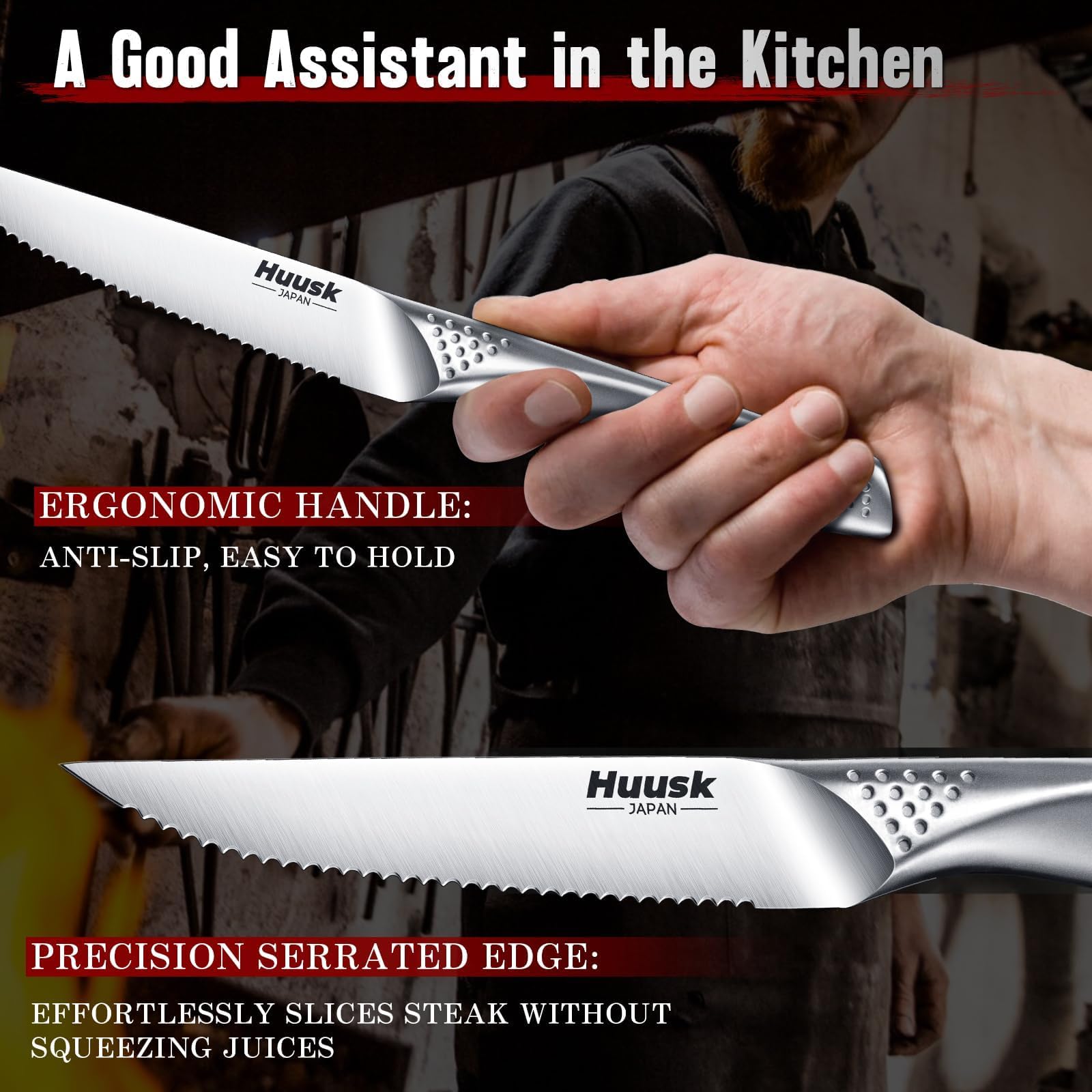 Mirror polished blades with gift box from Huusk Serrated Steak Knives Set