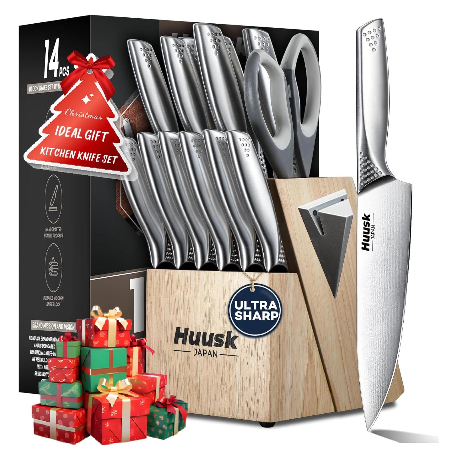 Huusk 14-piece knife set with wooden block and sharpener