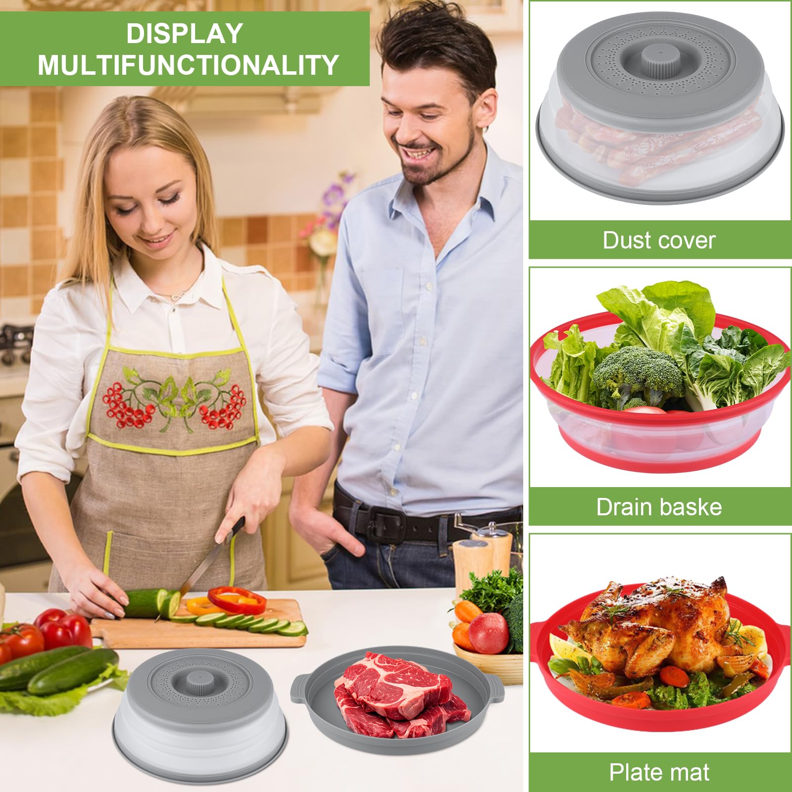 Dishwasher-safe silicone microwave cover with draining tray