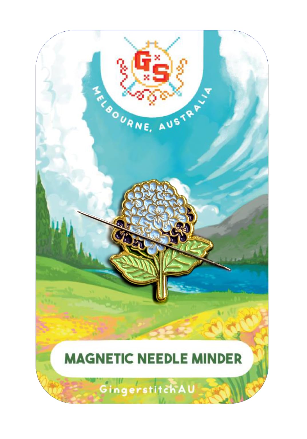 Hydrangea Needle Minder on workspace with magnets