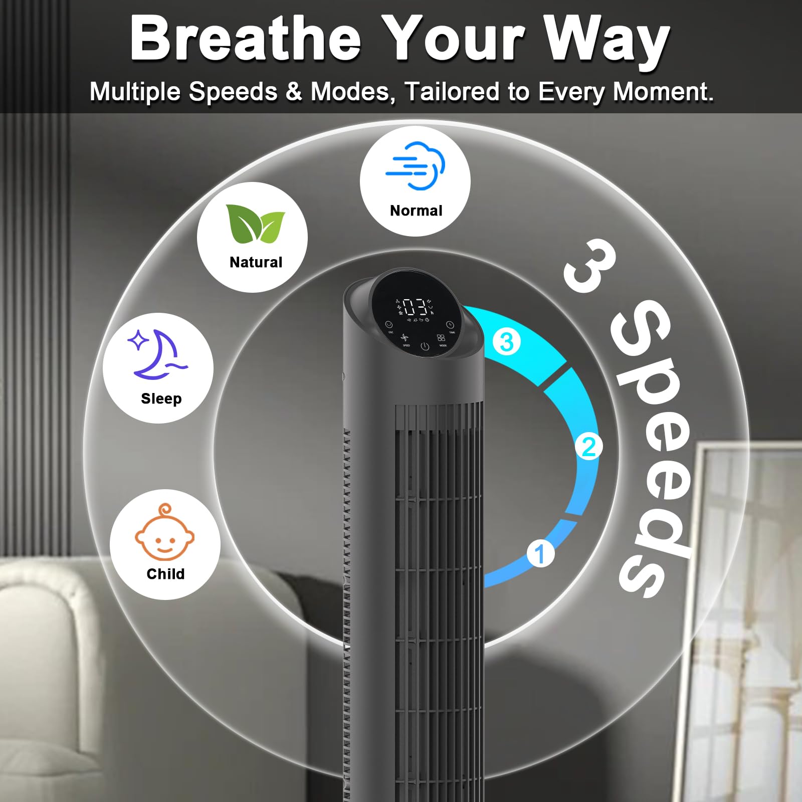 hykolity 40-inch tower fan 90° oscillation living room