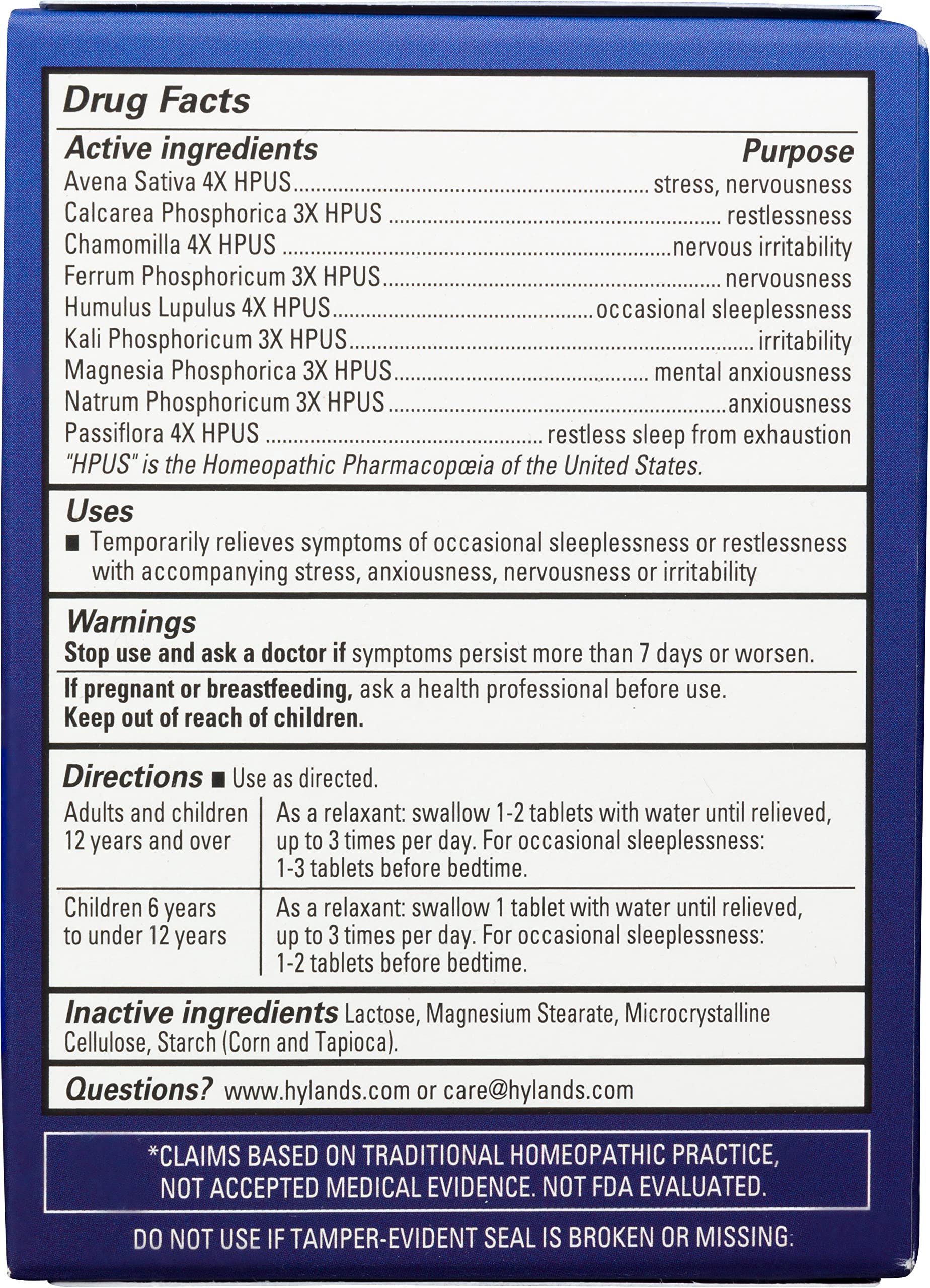 Paraben-free Hyland's Calms Forte Sleep Aid Tablets product label
