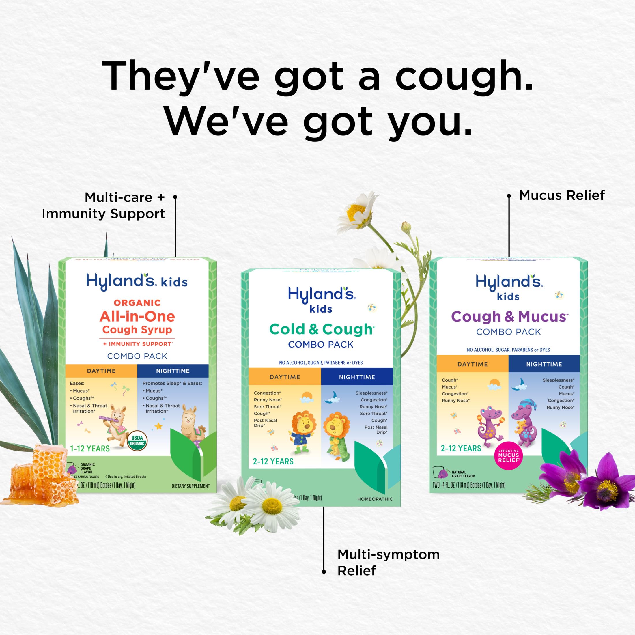 Ages 1+ safe organic cough syrup for kids packaging