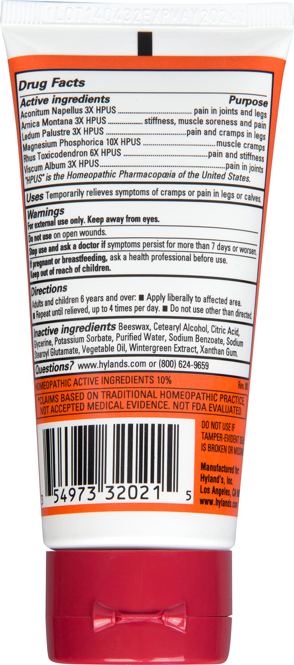Hyland's Leg Cramps Arnica Cream 2.5oz label