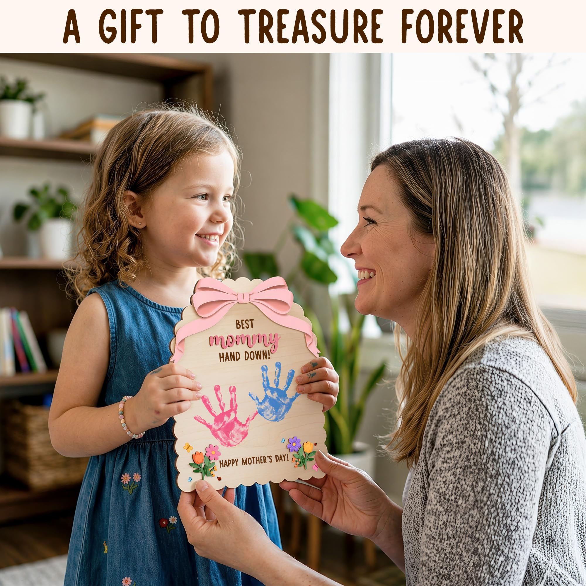 hyperi handprint mothers day sign concept with wooden flowers