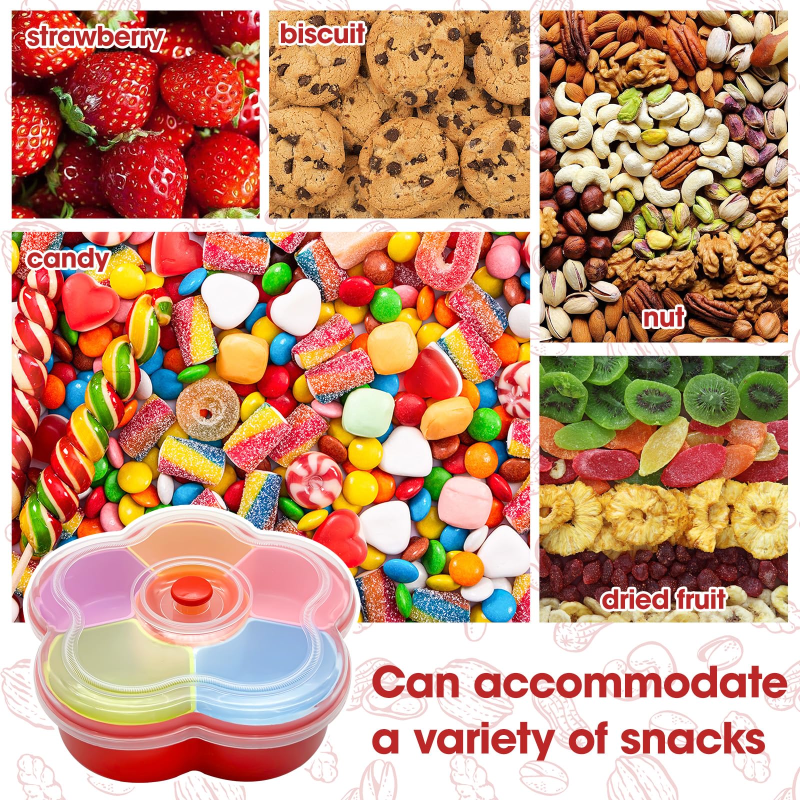 Six-compartment snack tray not open at bottom with lid