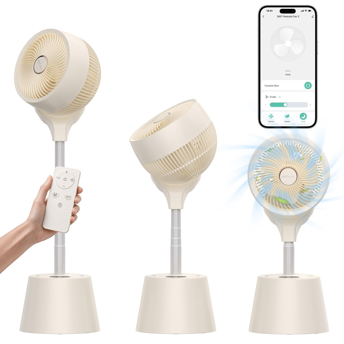 HZTzone rechargeable smart pedestal fan with 400 sq ft coverage and dual-axis oscillation