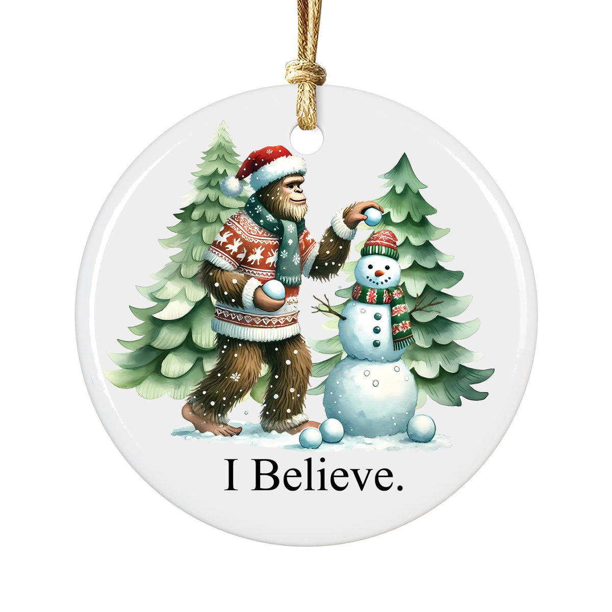 I Believe Bigfoot and Snowman Christmas Tree Ornament ceramic disc 3 inch white