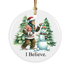 I Believe Bigfoot and Snowman Christmas Tree Ornament ceramic disc 3 inch white