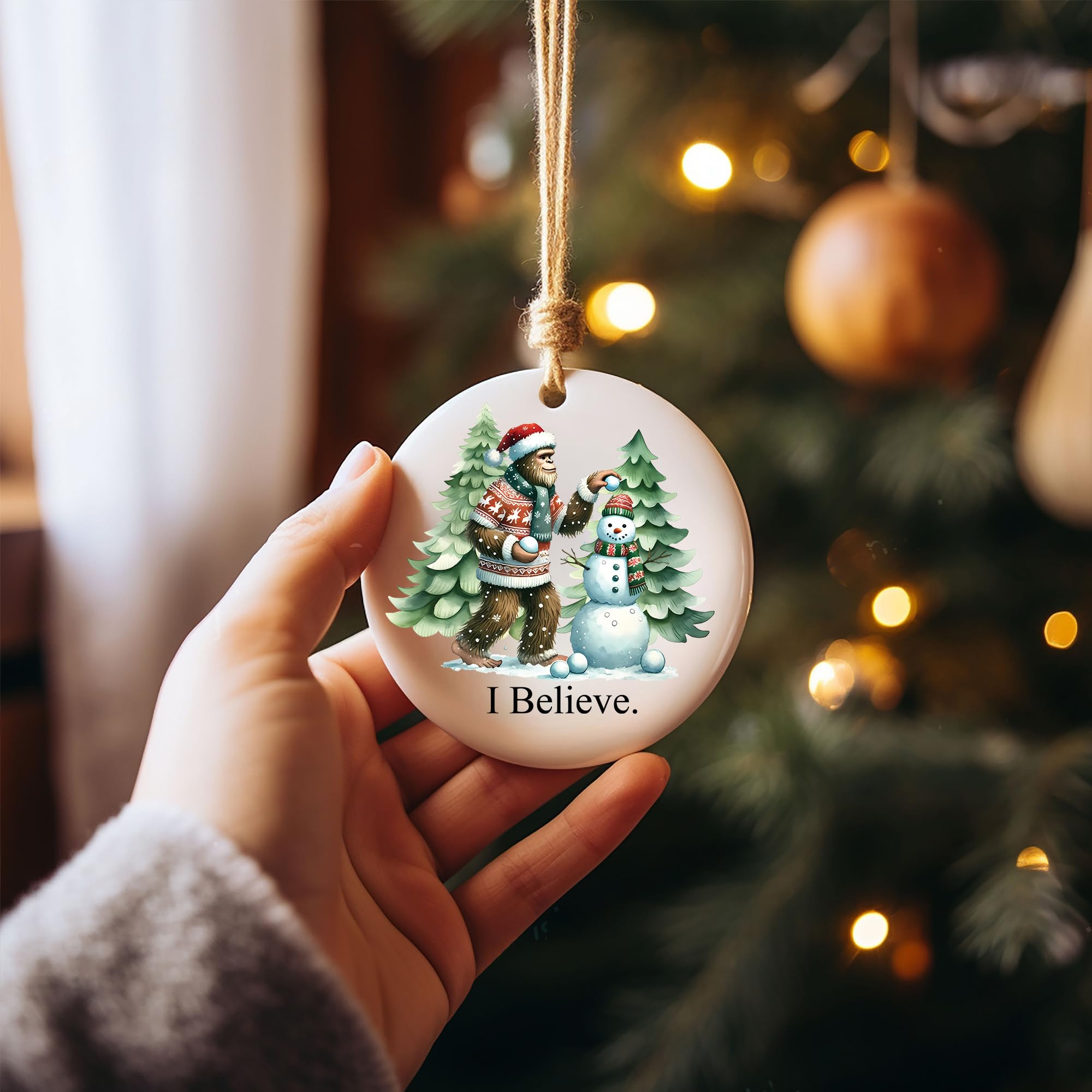 Close up of Sasquatch and snowman on holiday ornament