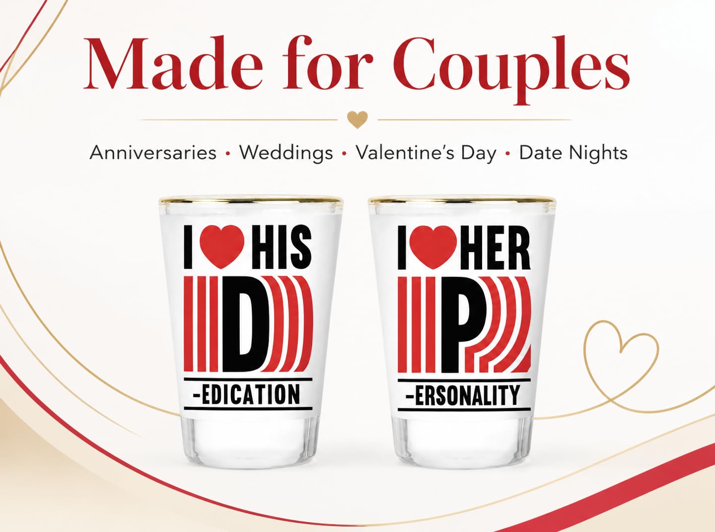 Coordinated red and black artwork on shot glasses