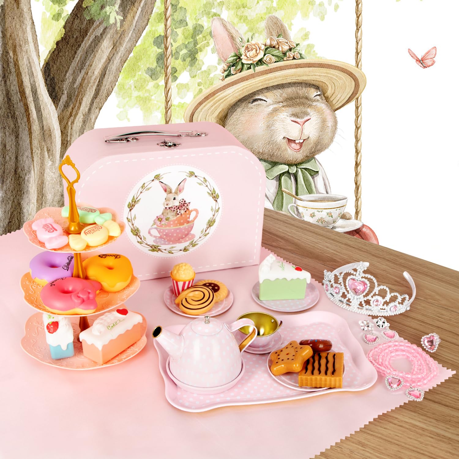 3-tier cake stand and tablecloth for tea party setup