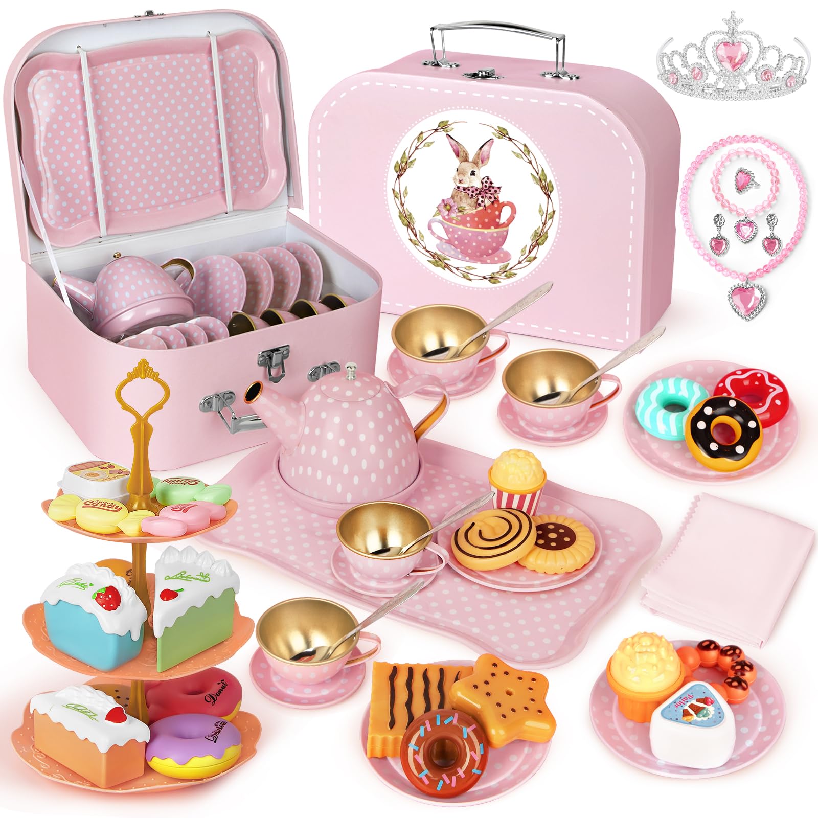 iaovueby tea party set for little girls pink with teapot and tray