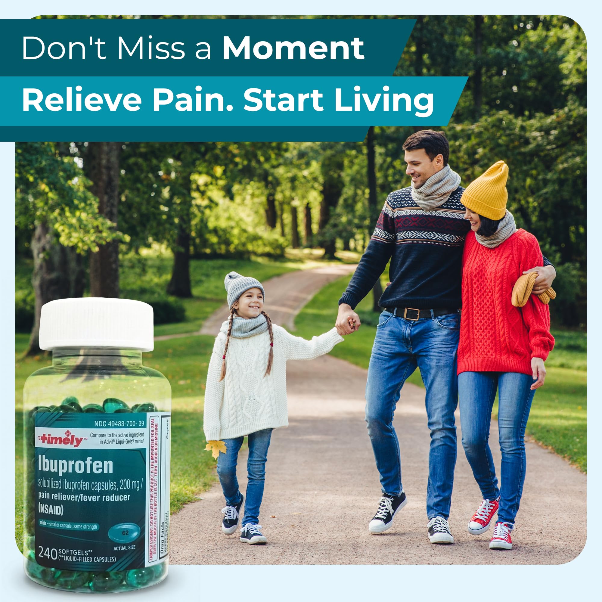 Full-strength ibuprofen 200mg per softgel