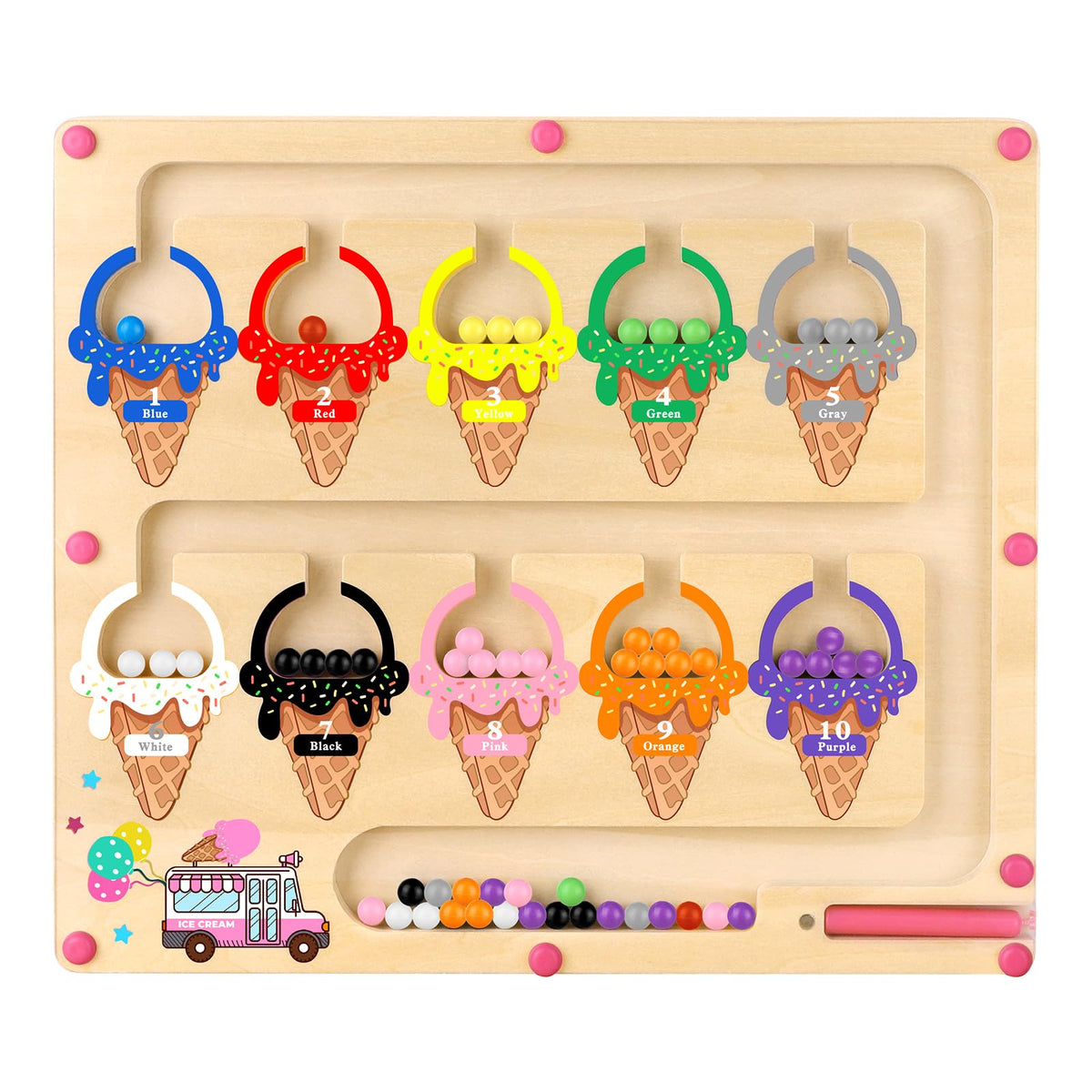 Ice Cream Magnetic Color and Number Maze toddler puzzle board front view