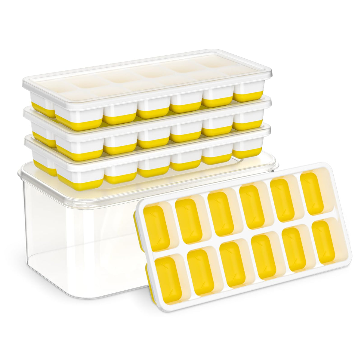 Ice Cube Tray with Lid & Bin 4 Pack Stackable Silicone Trays with Storage Bin