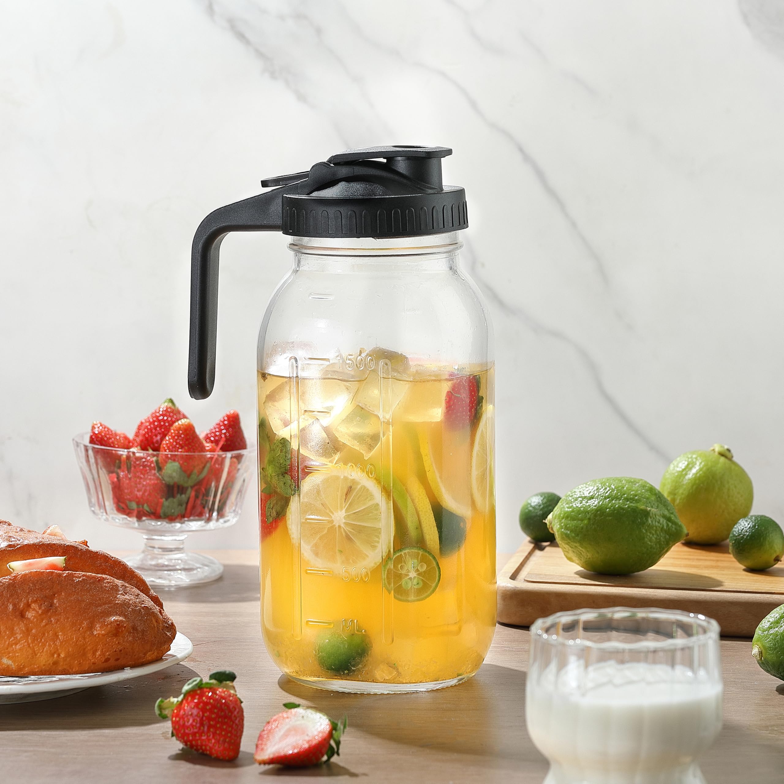 Refrigerator-ready glass pitcher on shelf
