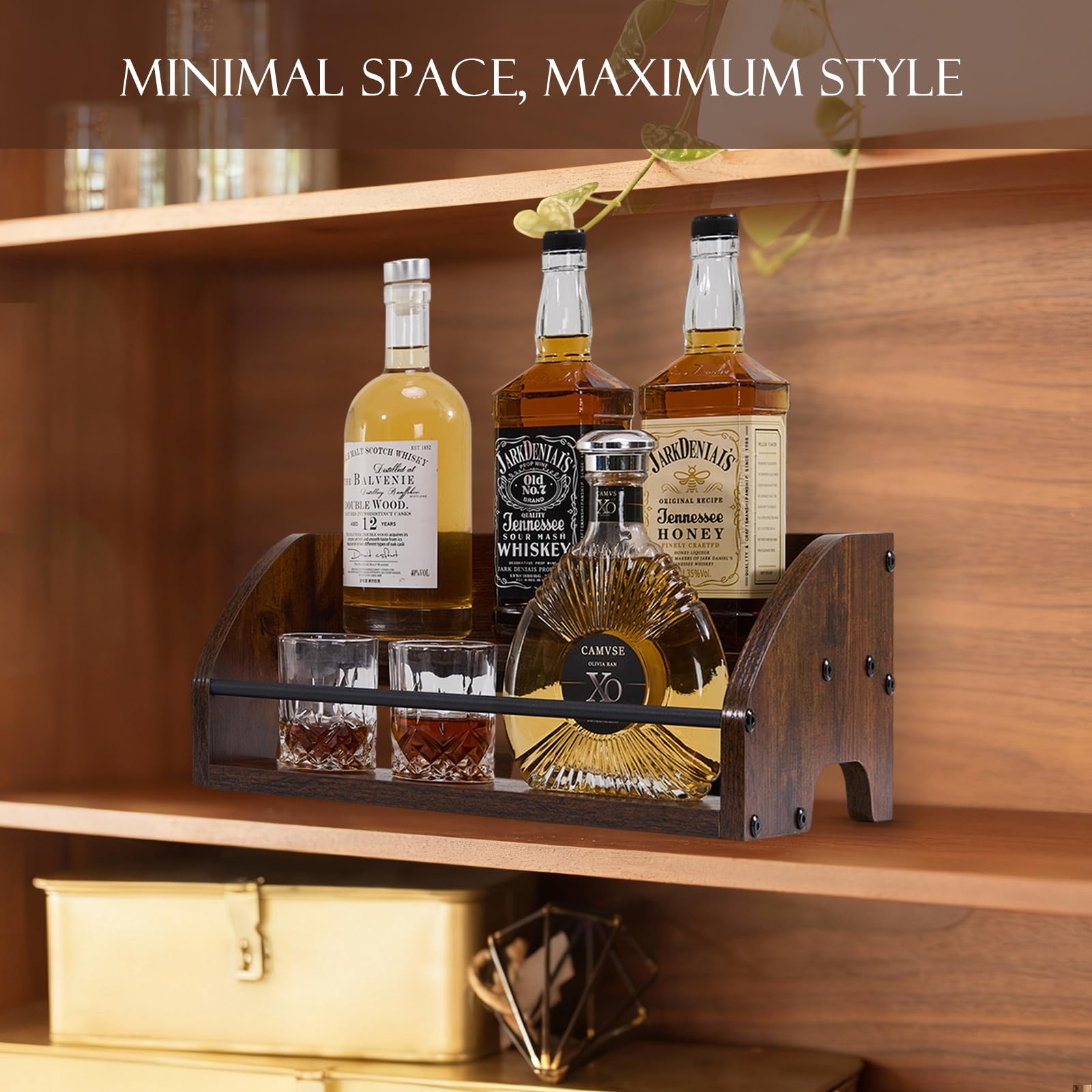 Mini bar shelf stand with vintage finish and guard rail