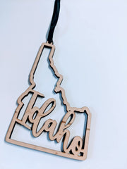 Laser cut wood Idaho ornament 5 x 3 inches with black ribbon