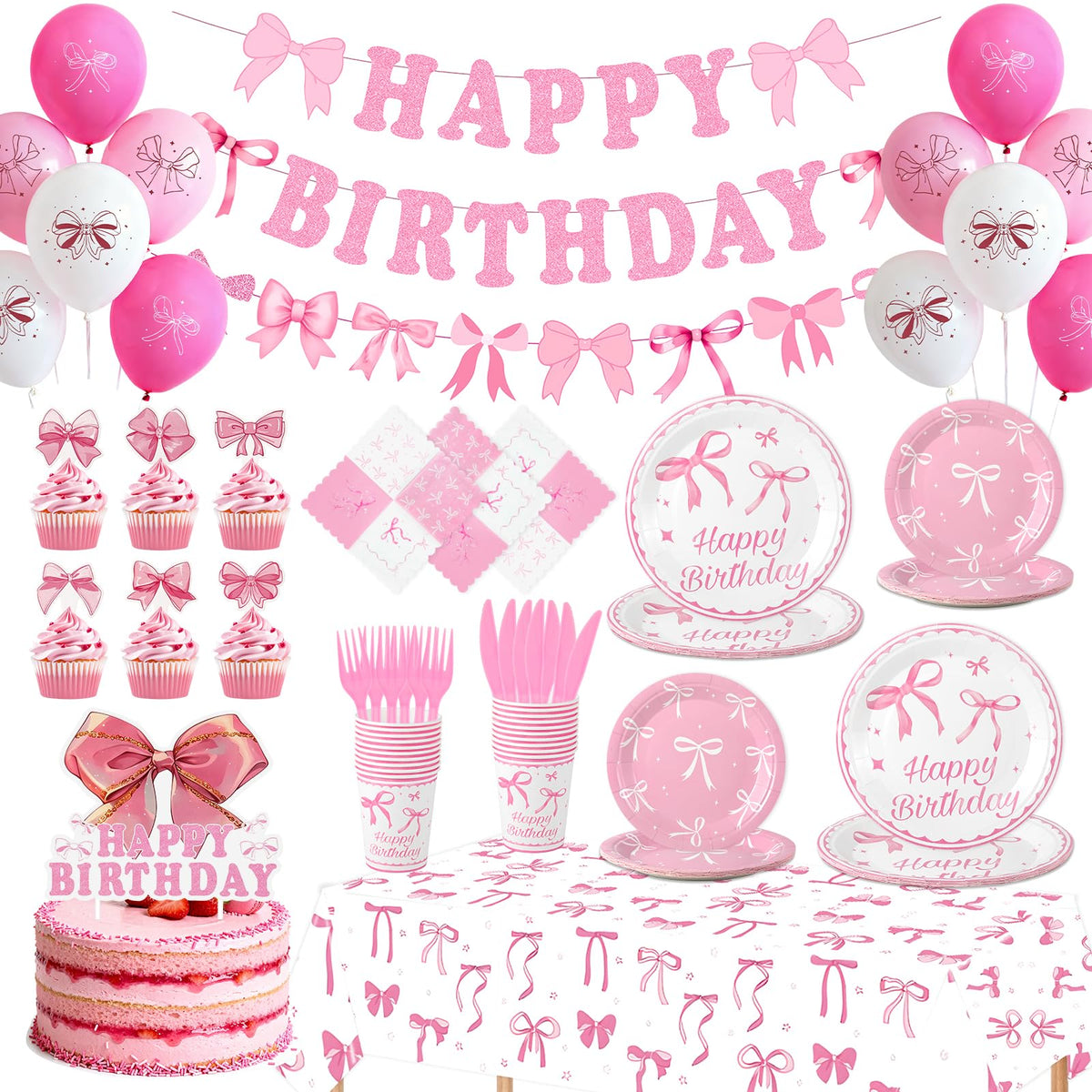 IGIDOLAA pink bow birthday supplies 160pcs banner image