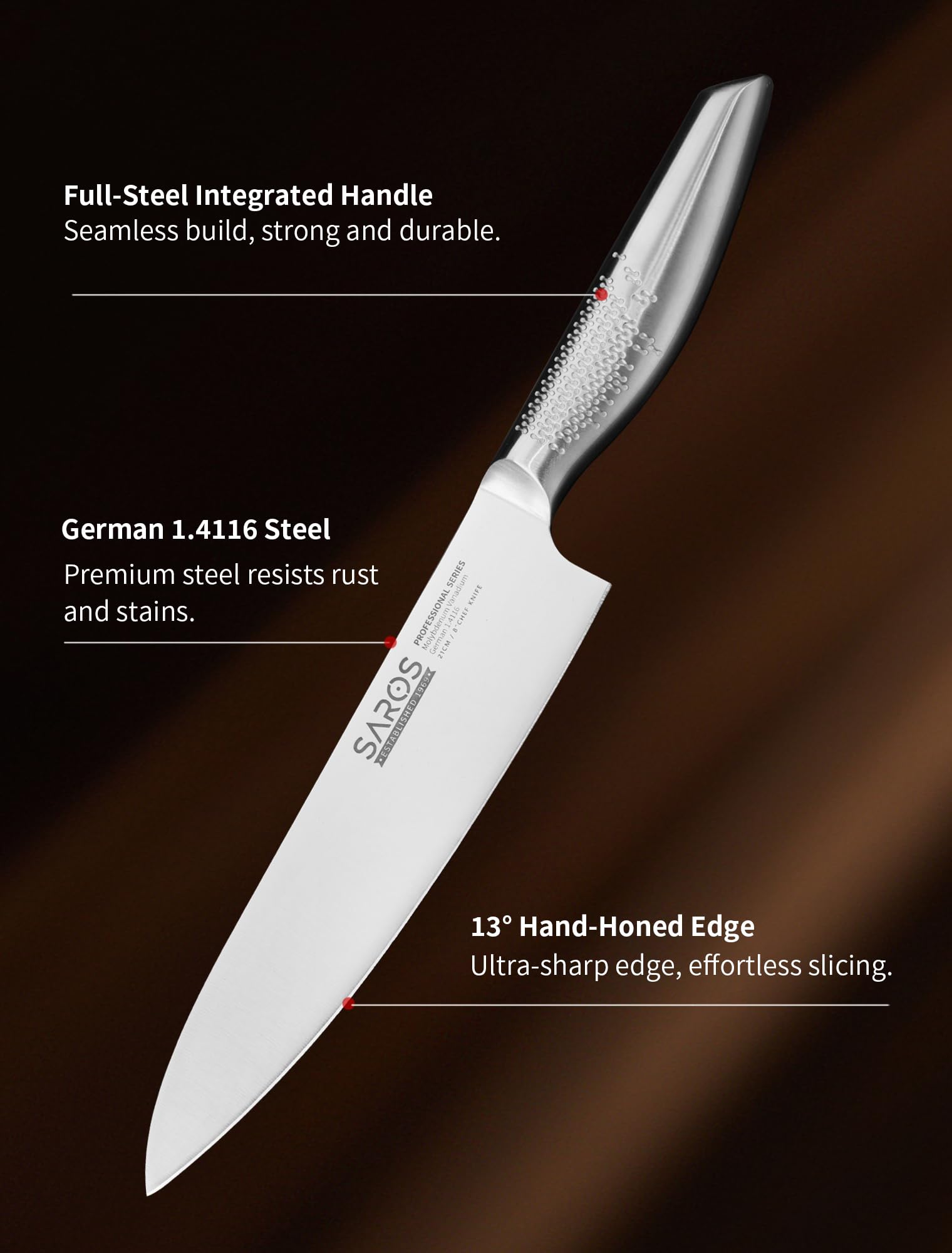 Gyuto chef knife by Ignited Cutlery with anti-slip handle