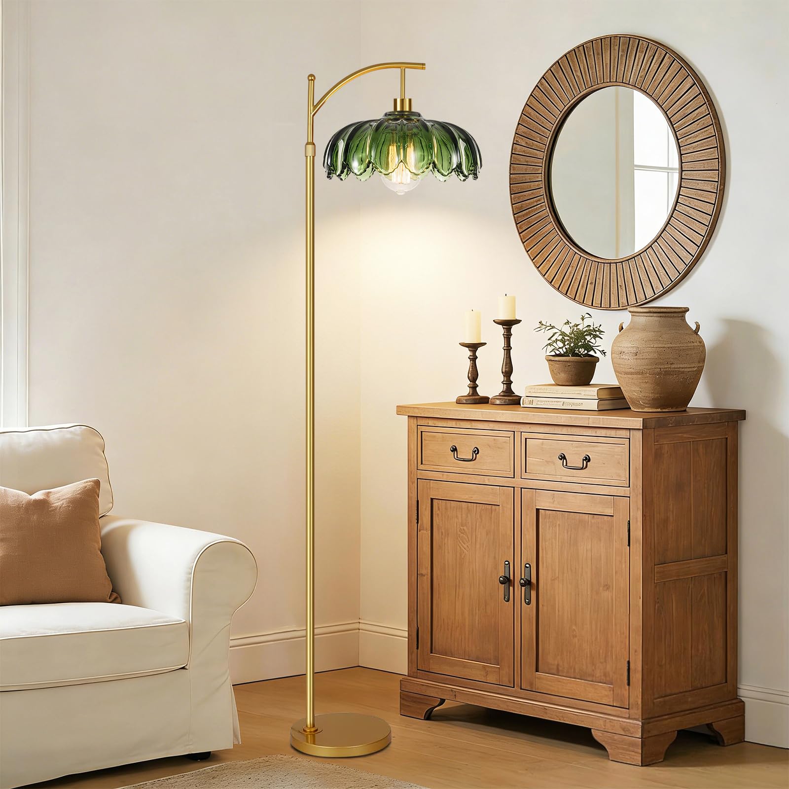 ILLMTW arc floor lamp with green glass shade and remote