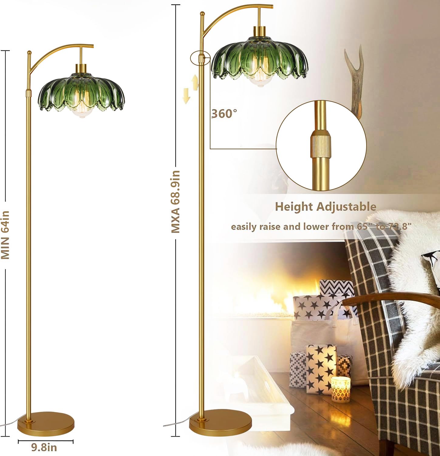 ILLMTW green glass arc shade on gold floor lamp