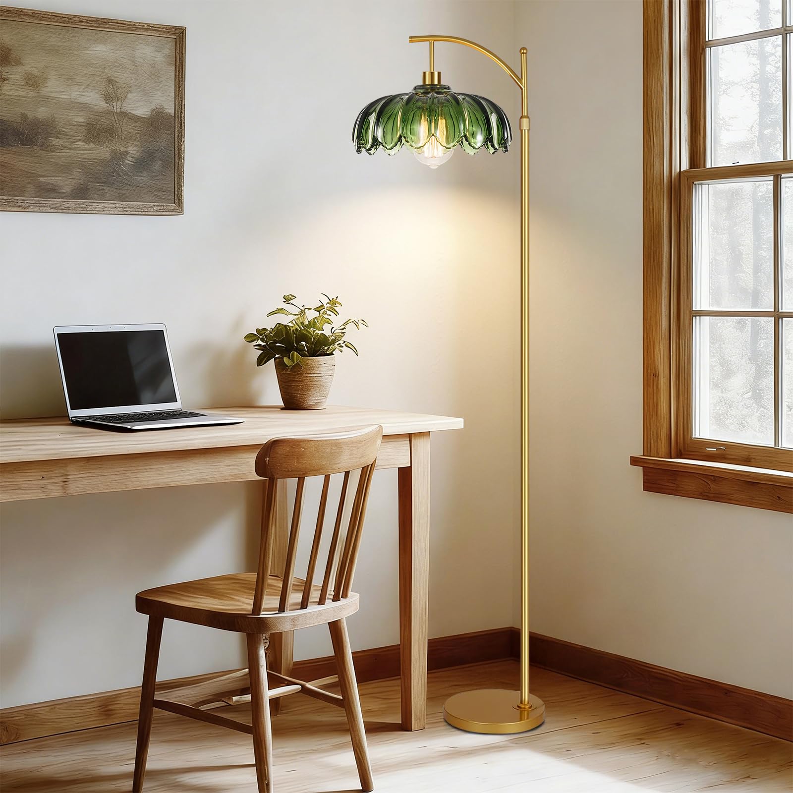 ILLMTW vintage brass tall floor lamp with green shade