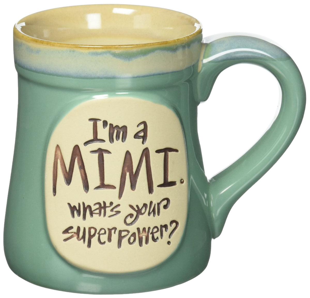 Im A Mimi Whats Your Superpower mug 18 oz porcelain hand-painted mint green with taupe rim