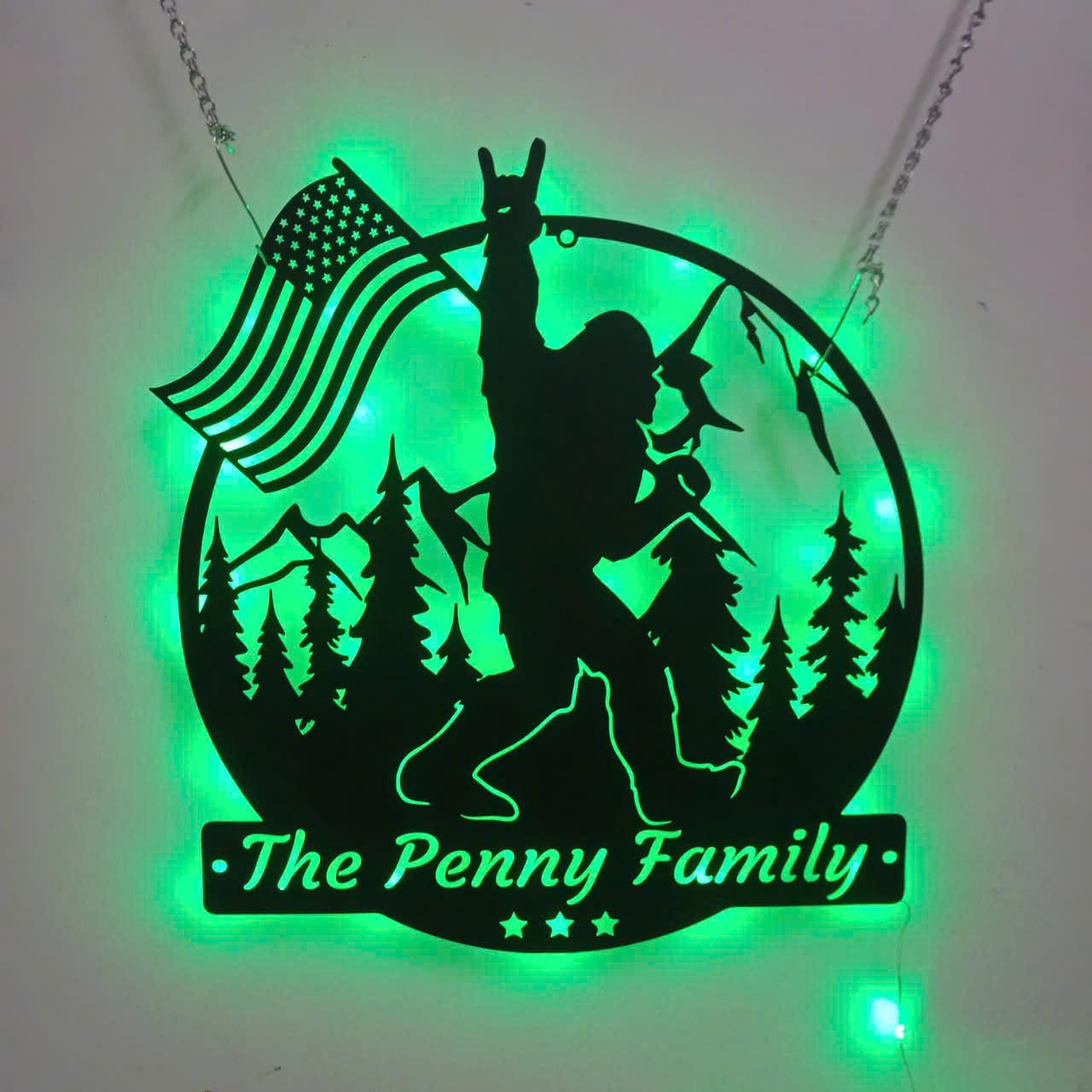Bigfoot US flag metal wall art LED
