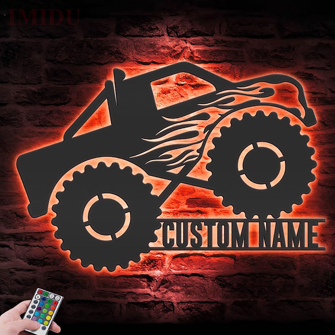 IMIDU custom text monster truck driver metal wall art LED light 14 inch size