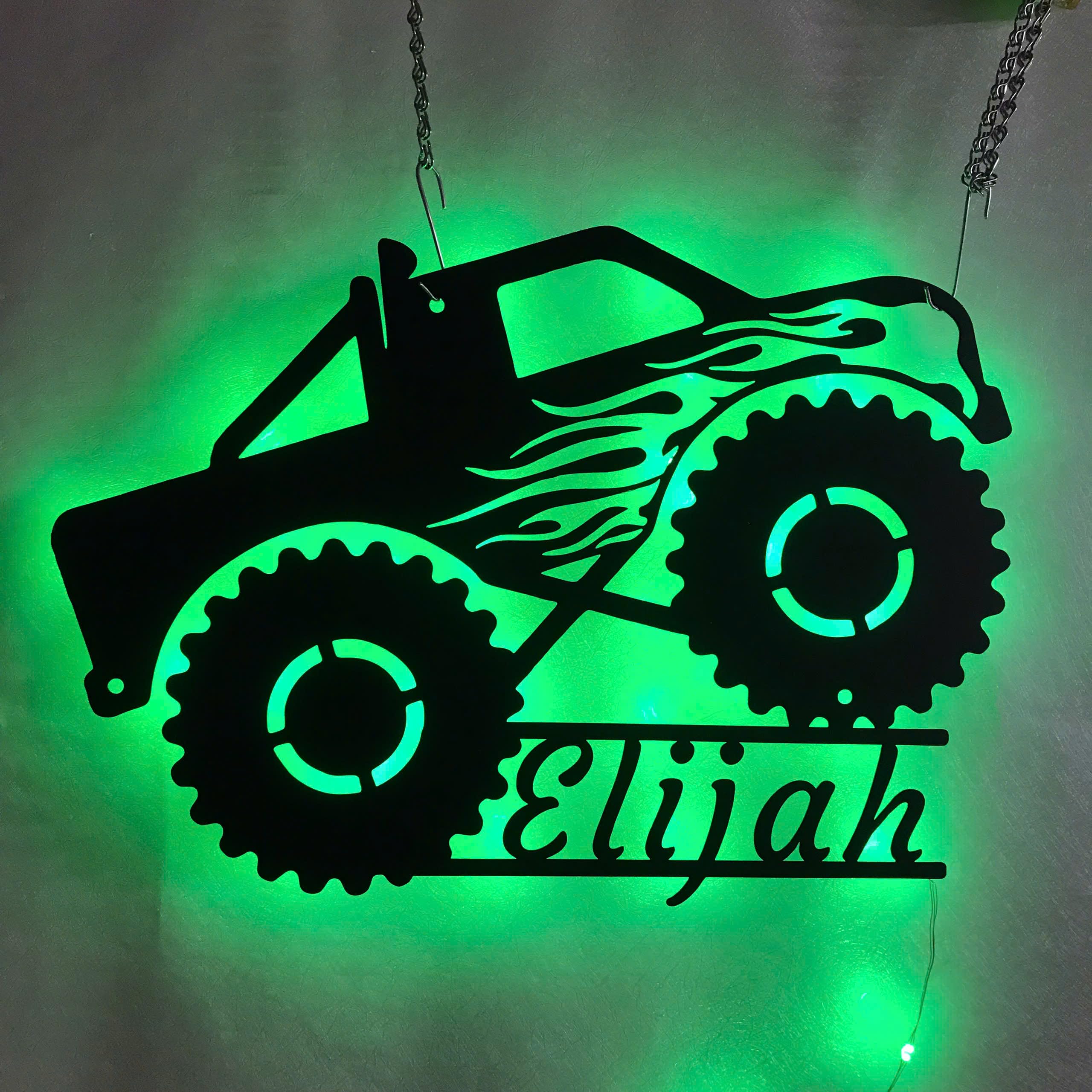 IMIDU custom text monster truck driver metal wall art LED light 8 inch size