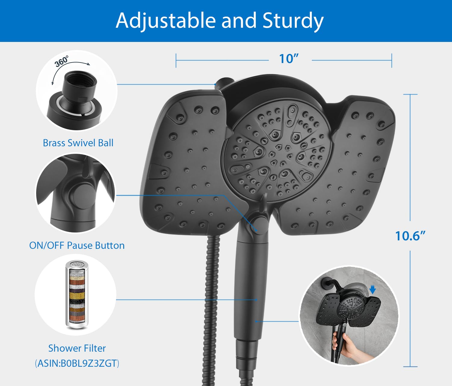 15-stage filter system with KDF calcium sulfite and ceramic balls in the handheld unit