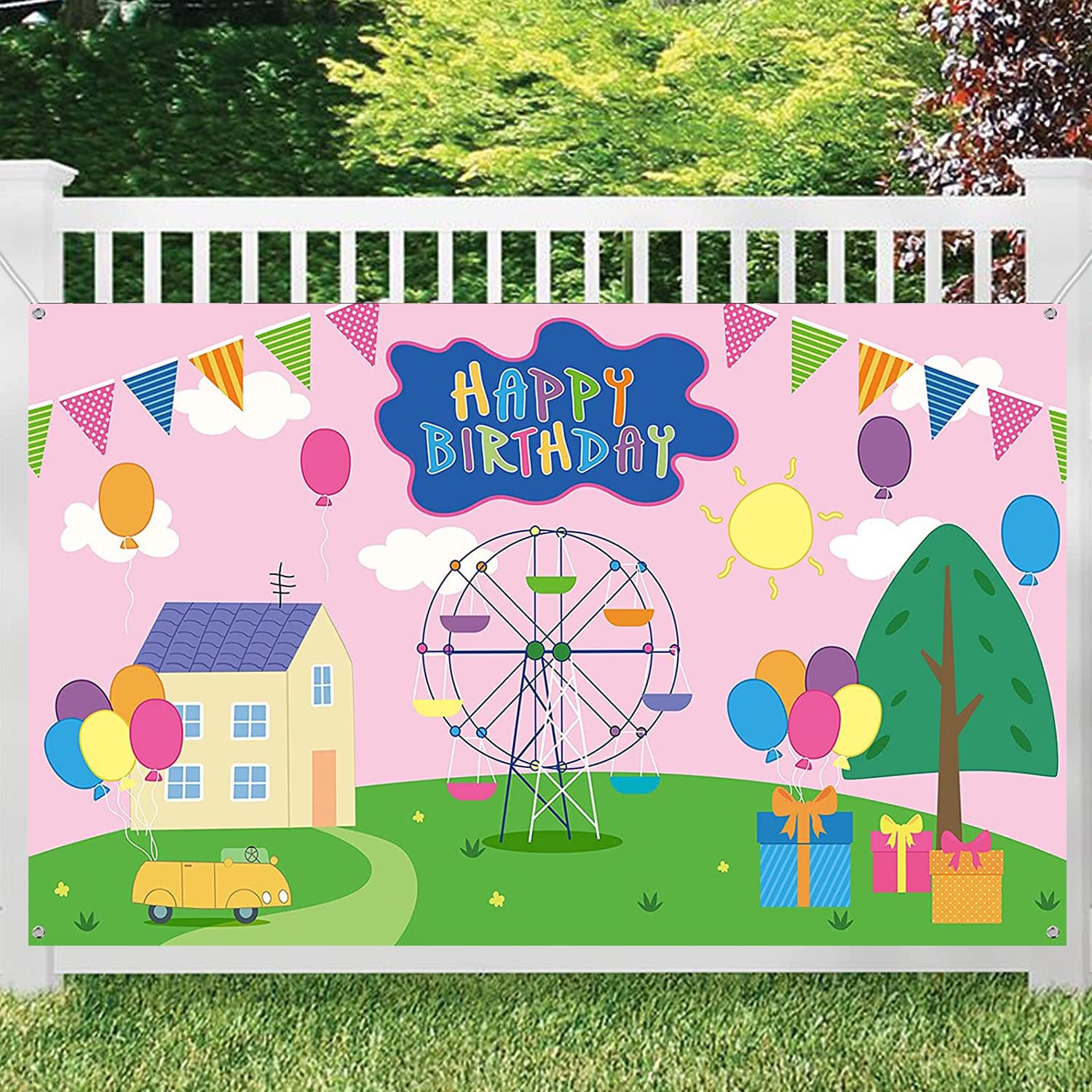 Cartoon house sky flags design for party photography backdrop
