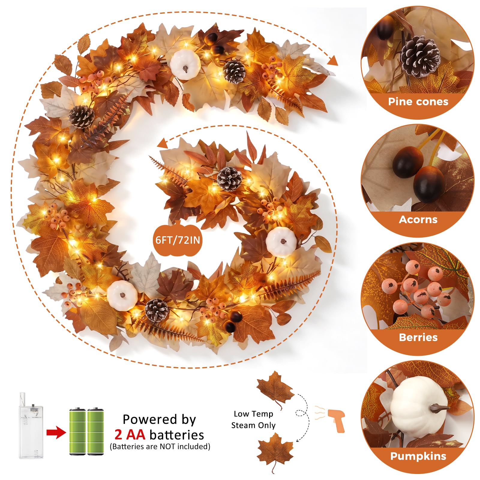 maple leaf garland with lights for fall mantel display