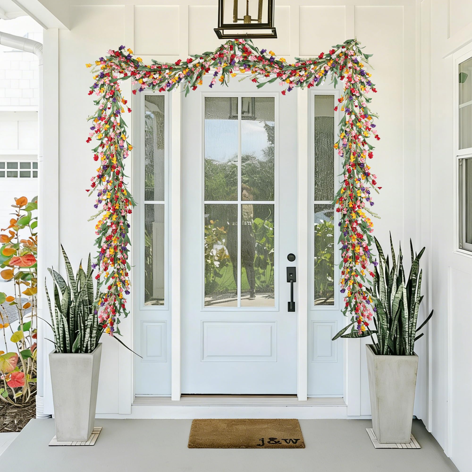 Porch decor with garland in covered outdoor area